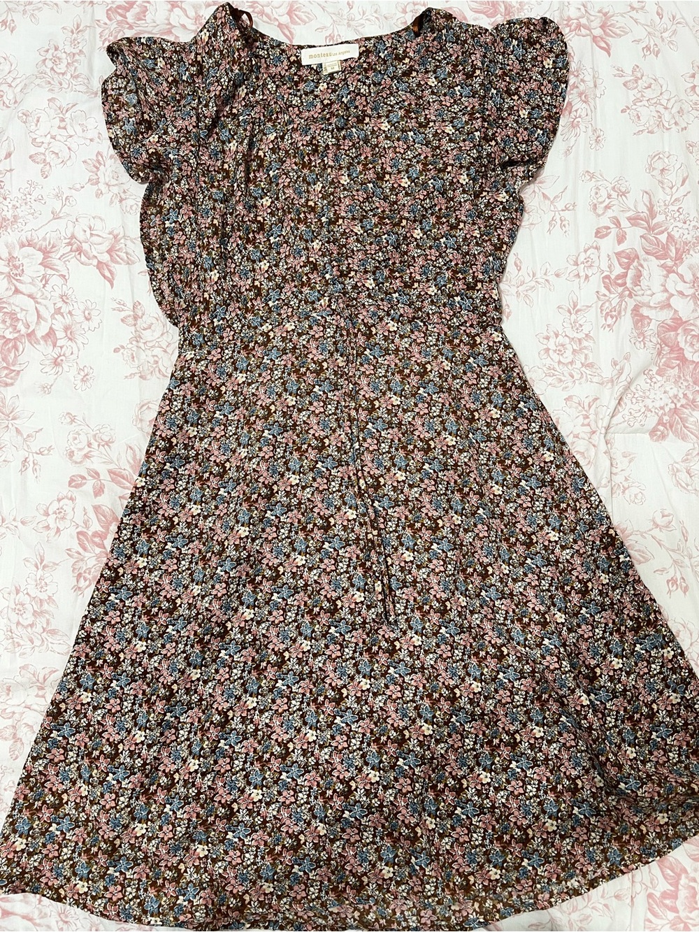 Smocked Waist Mini Dress in Brown Floral